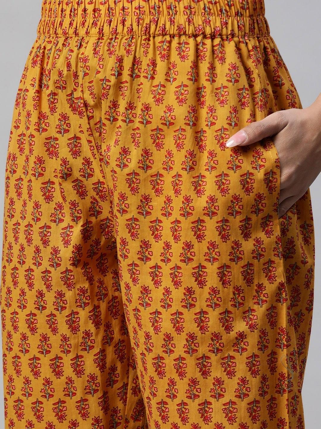 Yellow patterned palazzo pants with red floral print for Mustard Cotton Floral Kurta Pant Set