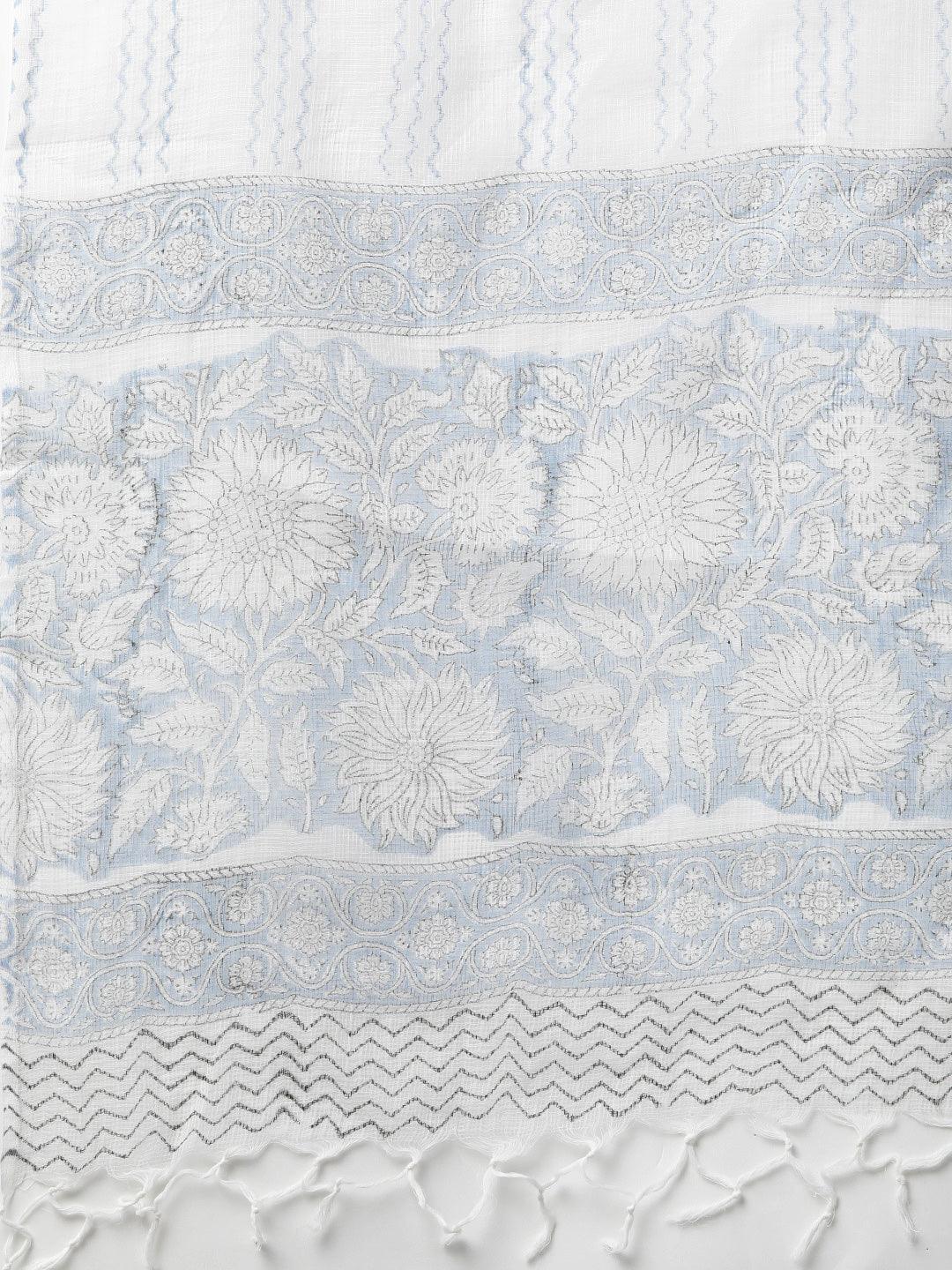 Decorative white fabric with floral patterns in Sky Blue Hand Block Printed Kurta Pant Set