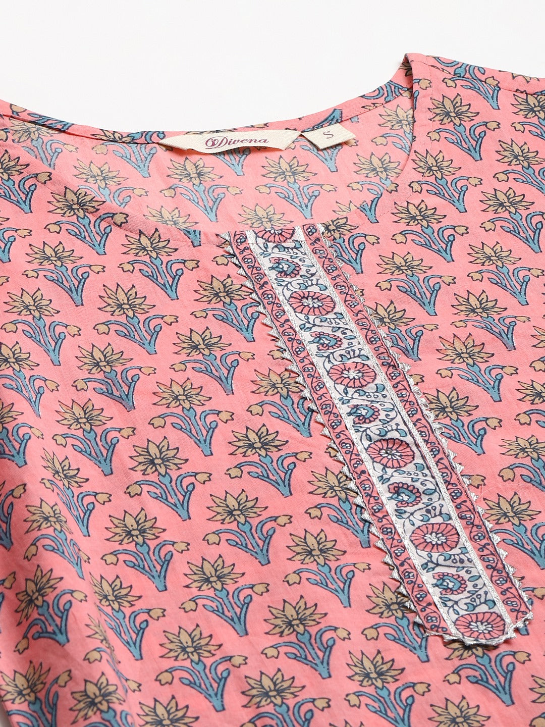 Pink printed gotta patti pure cotton kurta with floral pattern and decorative trim