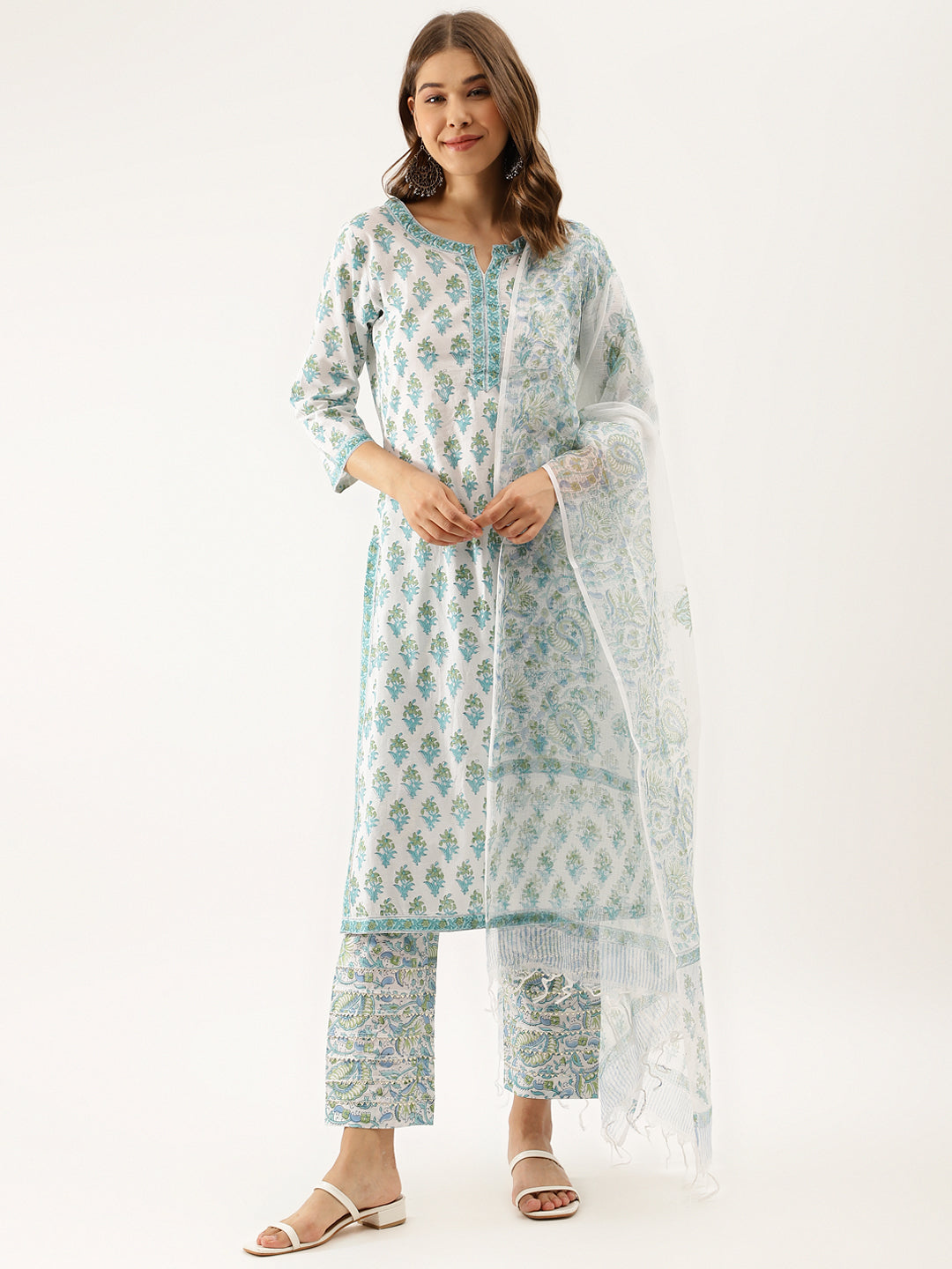 Woman in a White Sea Blue Handblock Floral Printed Cotton Kurta Set with Dupatta