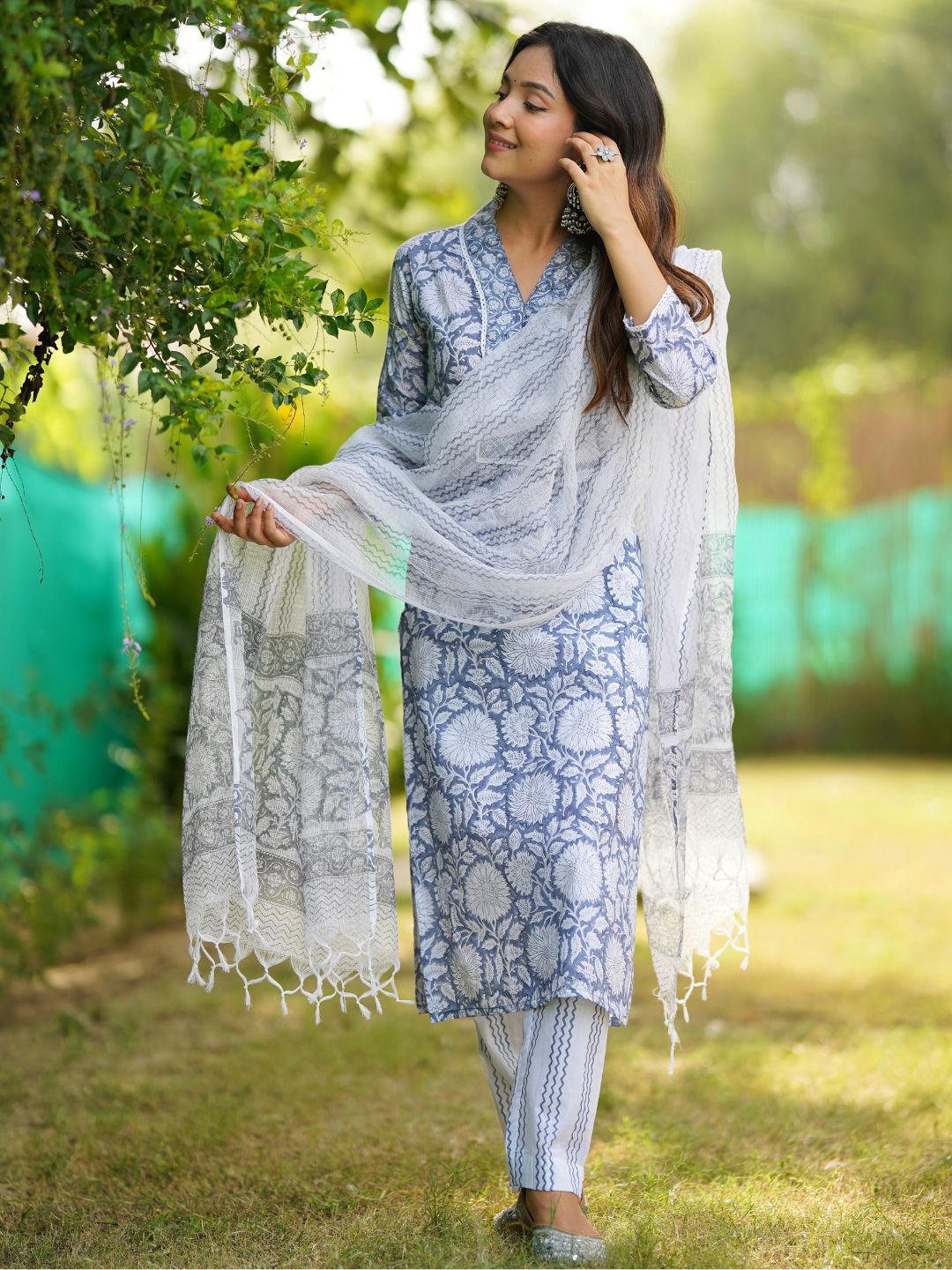 Hand block cotton kurta in blue color with lace detailings with cotton dupatta and cotton printed shops pants