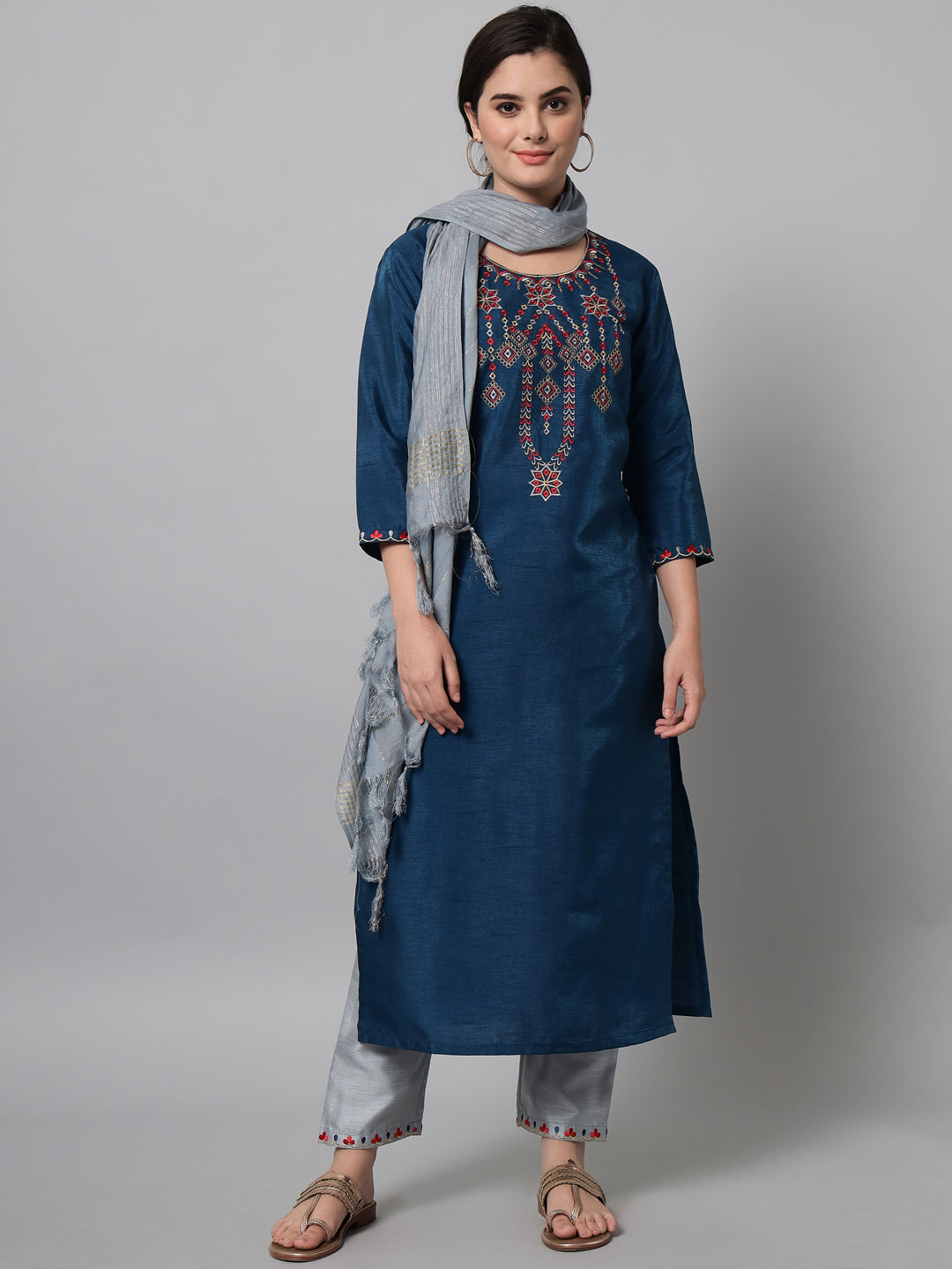 Silk Thread And Zari Embroidered Kurta Trouser With Dupatta