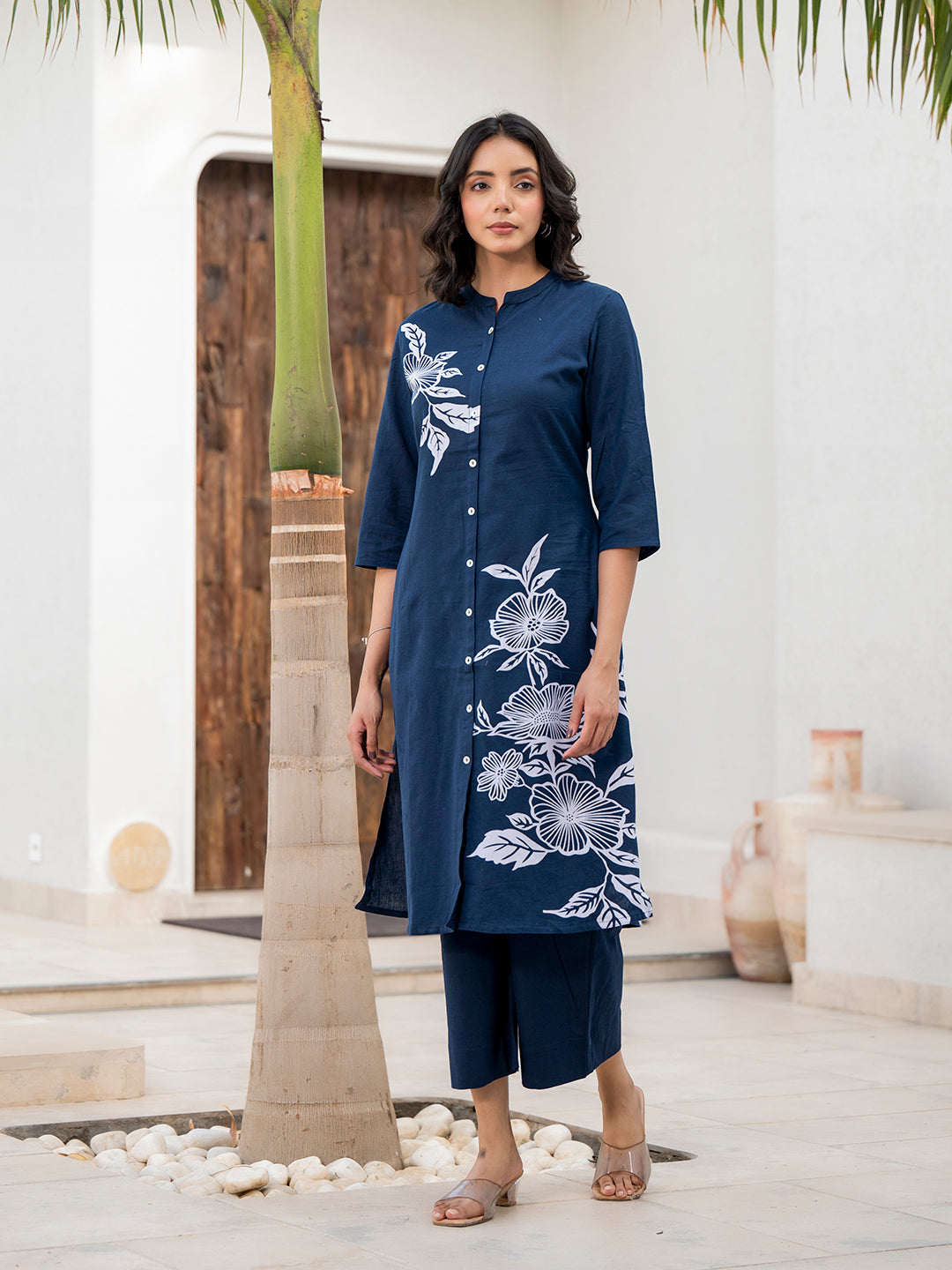 Navy Blue Floral Printed Cotton A-line Fit Kurta Pant Set with white embroidery