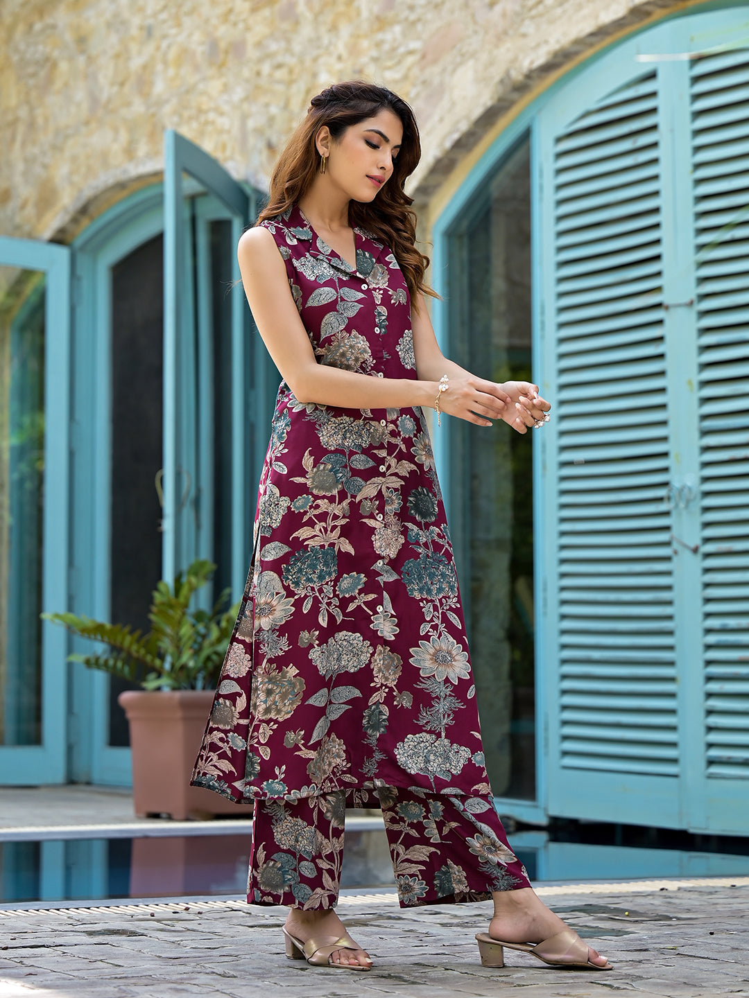 Magenta Floral Printed A-Line Rayon Kurta Set with matching palazzo pants