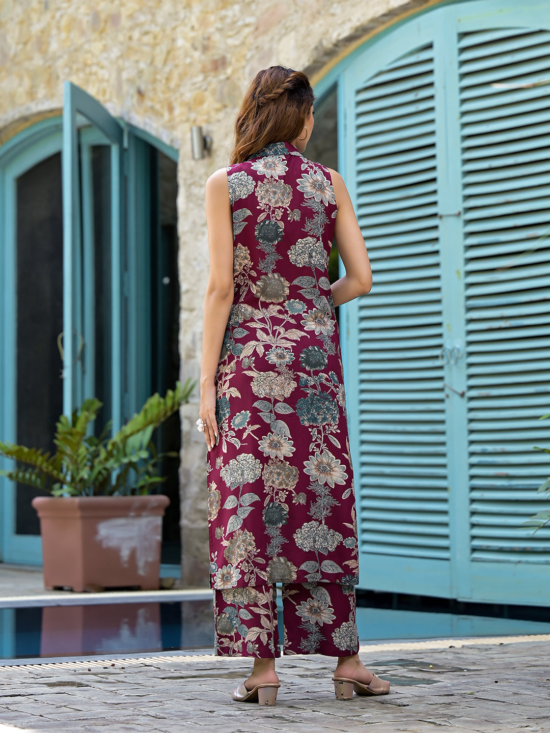 Woman in magenta floral printed sleeveless maxi dress from Rayon Kurta Set