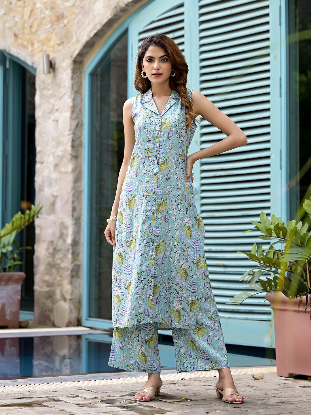 Sky Blue Floral Printed A-Line Rayon Kurta Set with matching wide-leg pants