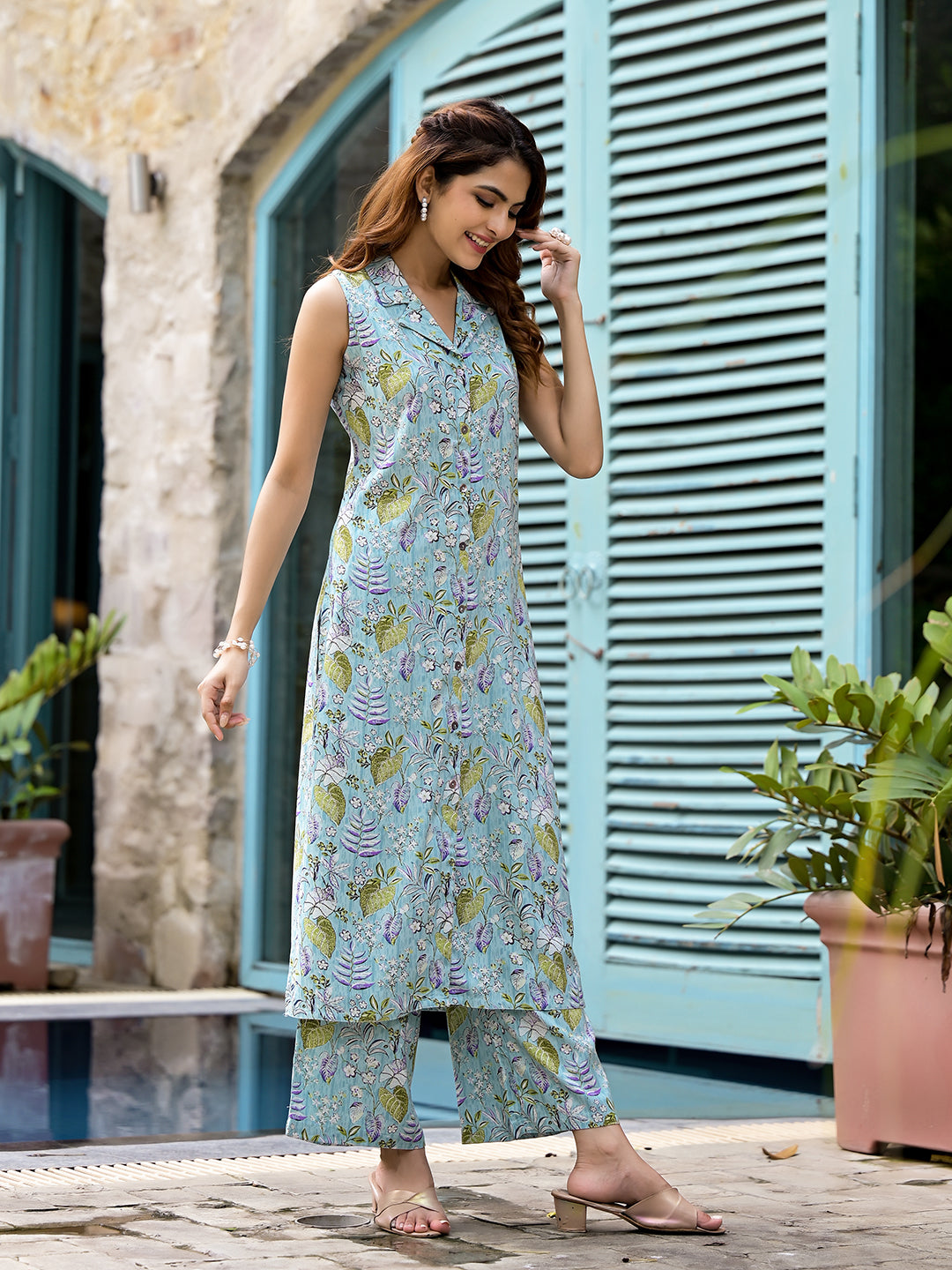 Sky Blue Floral Printed A-Line Rayon Kurta Set with Sleeveless Maxi Dress and Pants