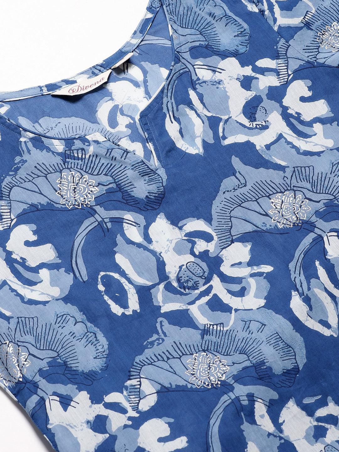 Blue and white patterned fabric featuring floral motif on Blue Cotton Kurta and Sharara