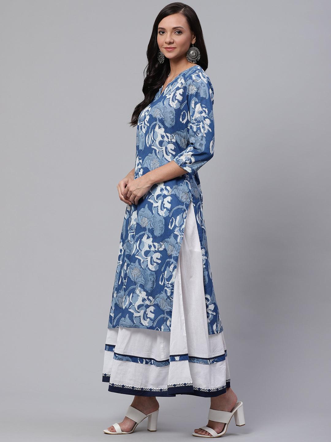 Blue Cotton Kurta With Mulmul Sharara featuring a blue and white floral print