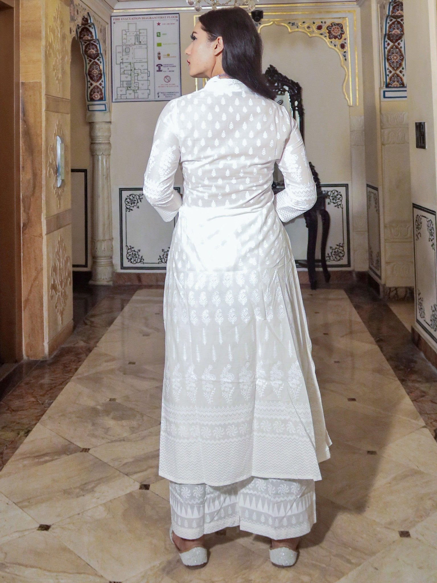 White Khari Print Cotton Kurti with Palazzo Set featuring elegant embroidery details