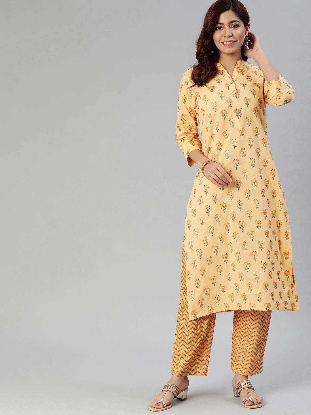 Yellow Flower Print Cotton Kurta Set featuring a floral kurta and matching palazzo pants