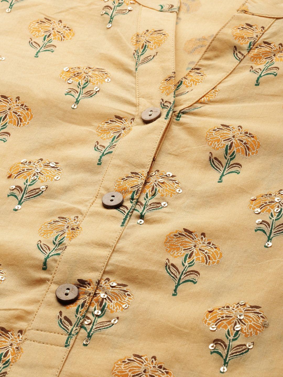 Floral-patterned fabric with buttons showcasing a Yellow Flower Print Cotton Kurta Set