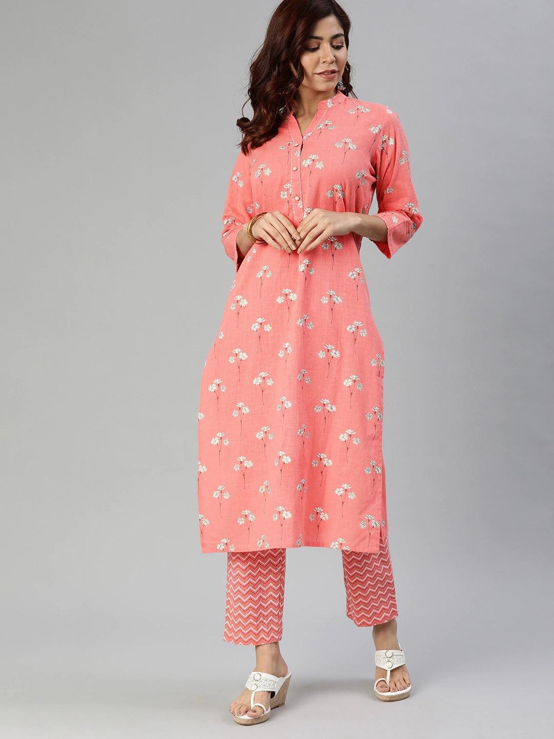 Pink Flower Print Cotton Kurta with three-quarter sleeves and matching patterned pants