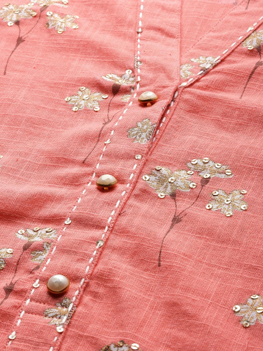 Pink flower print cotton kurta set featuring embroidered floral patterns and pearl buttons