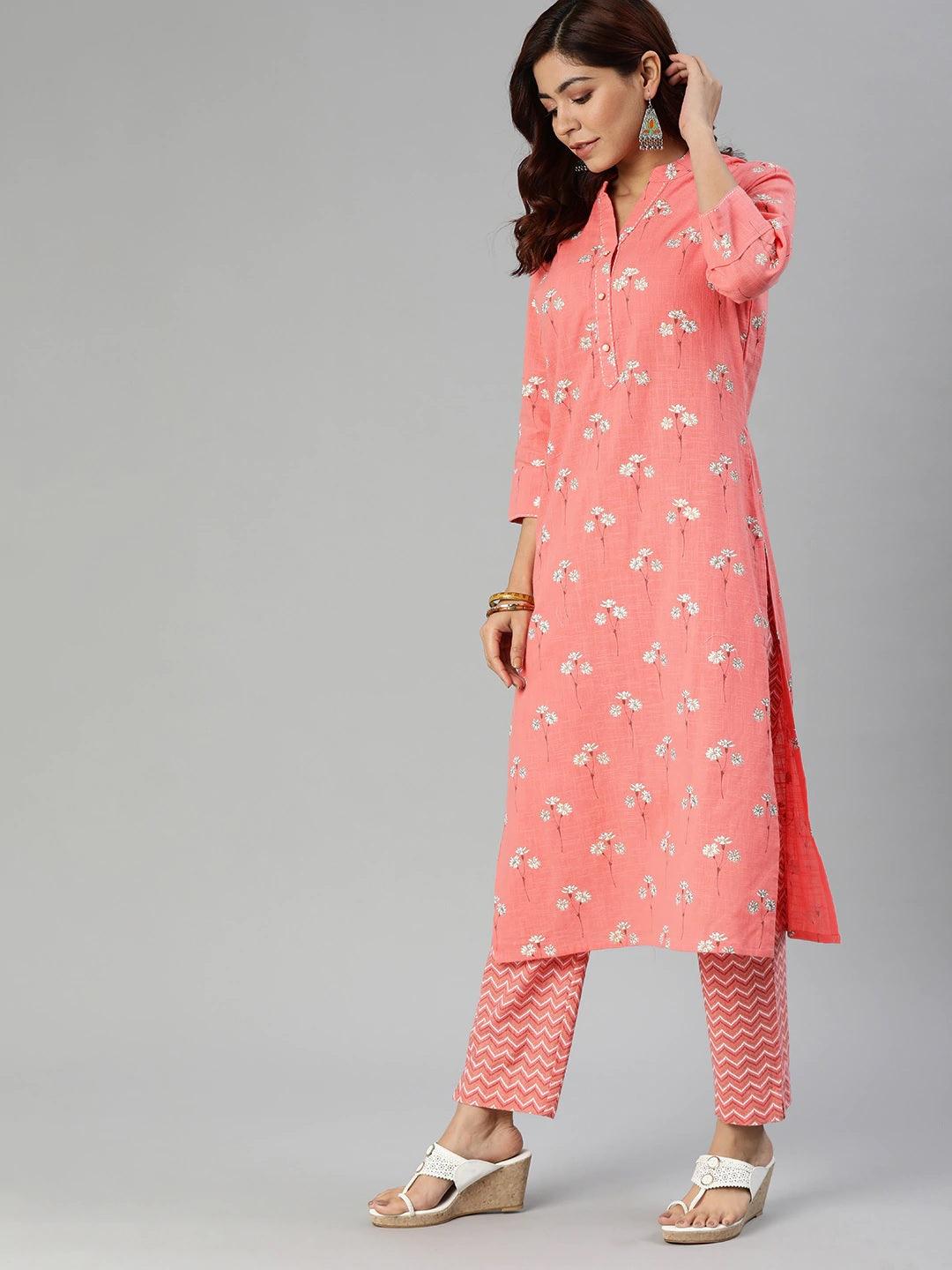 Pink flower print cotton kurta set featuring floral printed kurta and matching pants