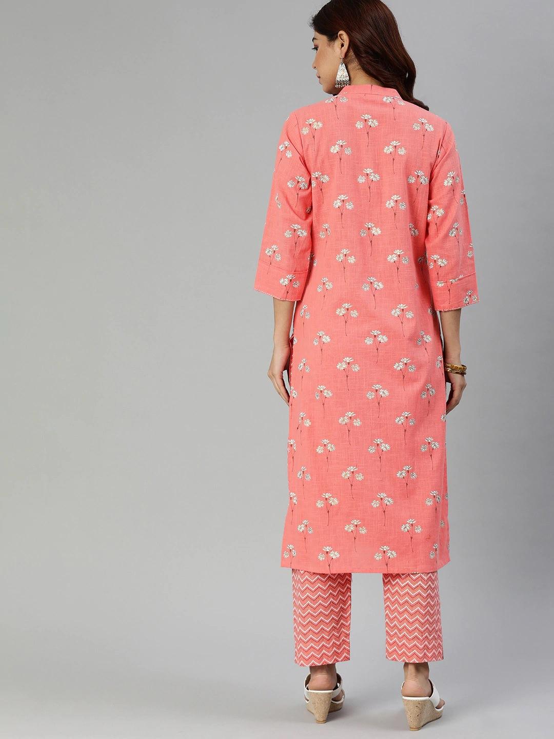 Pink Flower Print Cotton Kurta Set with long tunic and matching patterned pants