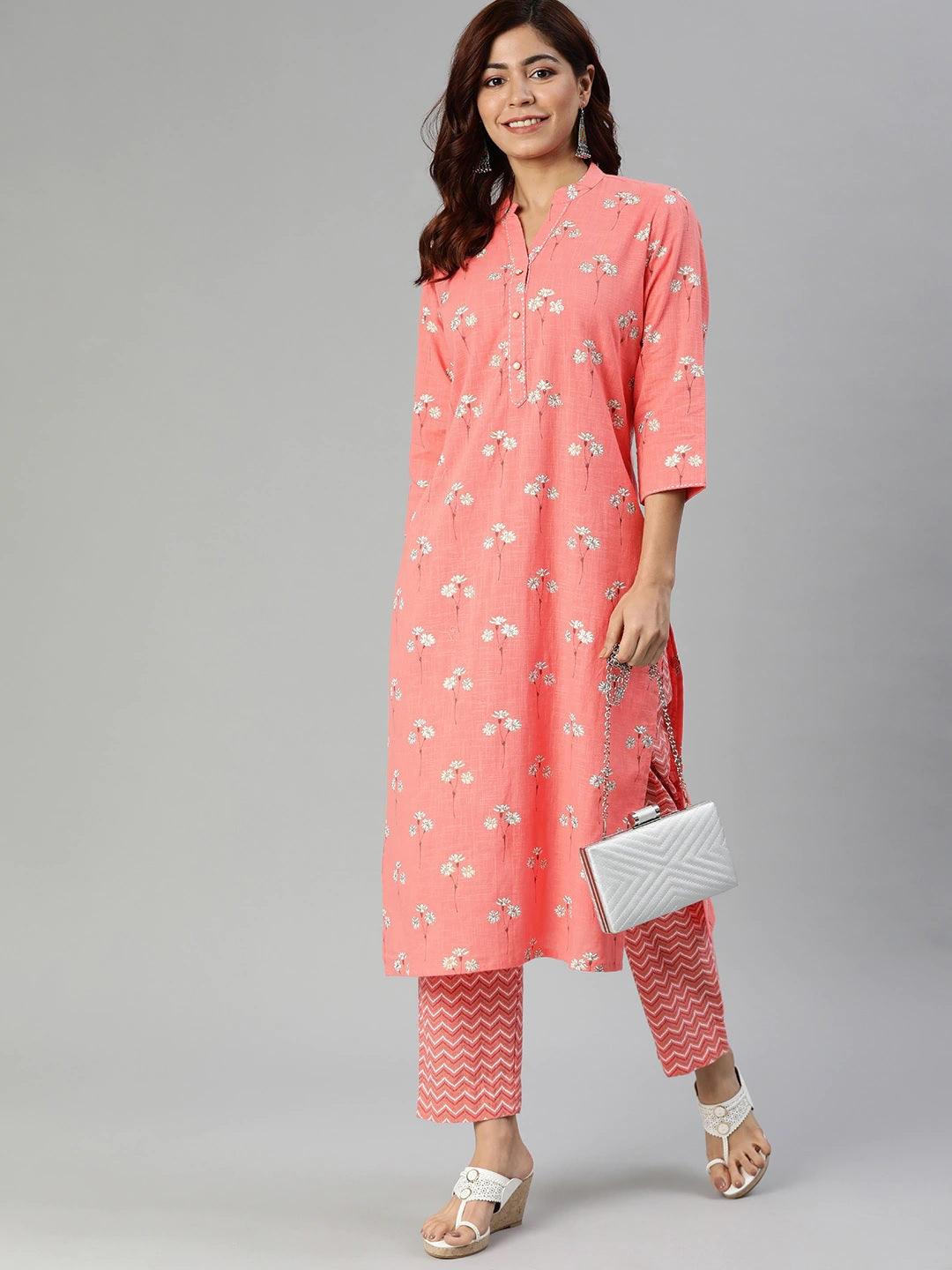 Coral Pink Flower Print Cotton Kurta with Floral Prints and Three-Quarter Sleeves