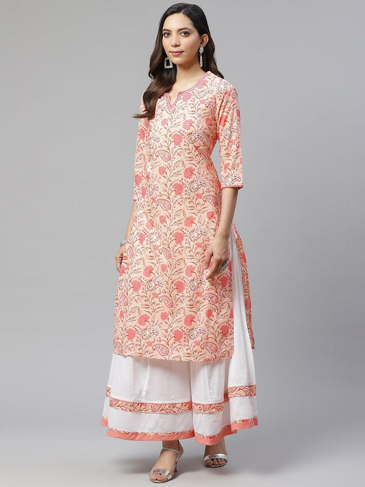 Floral-patterned pink and white Peach Cotton Kurta with Palazzo Set for stylish comfort