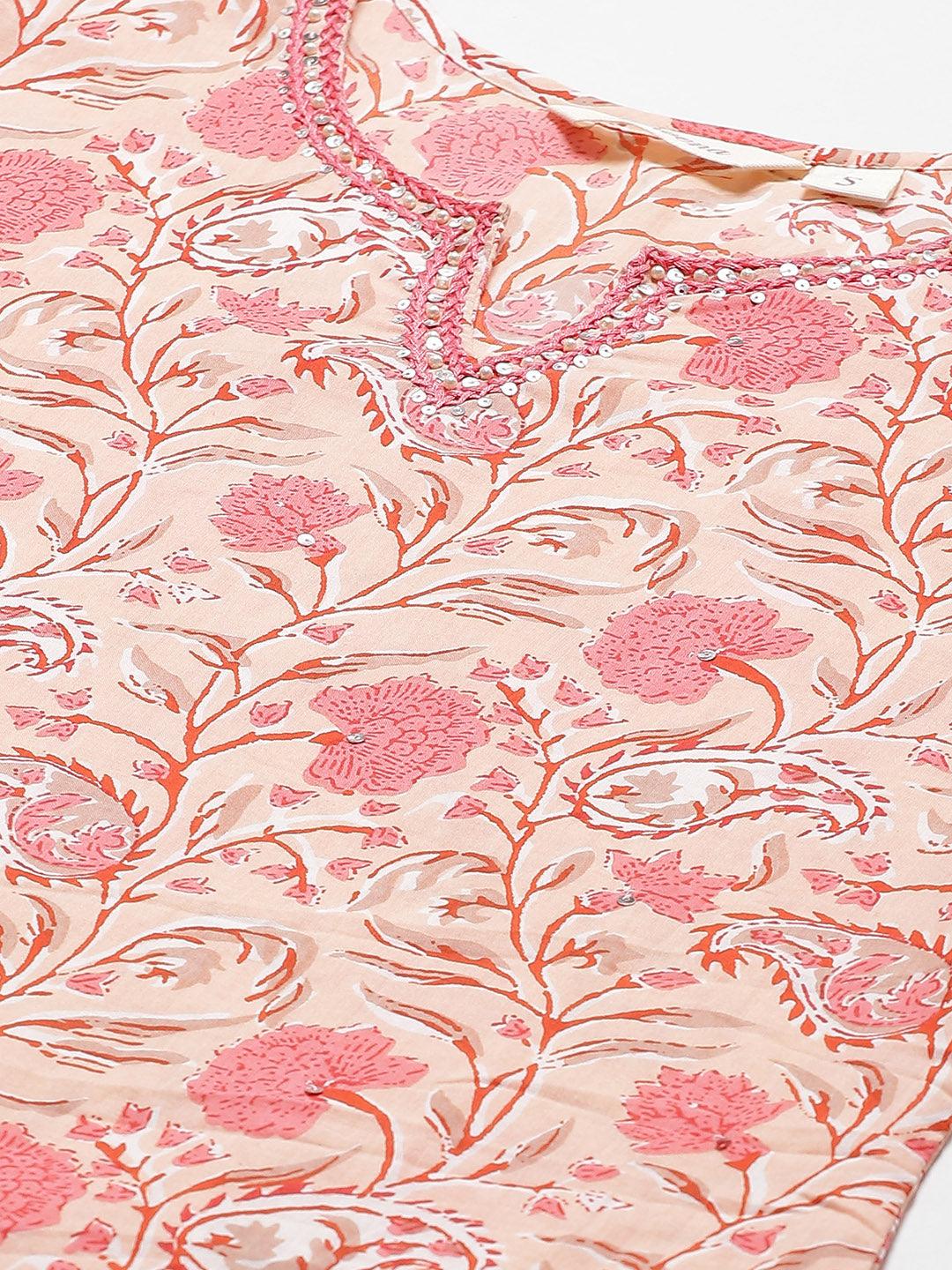 Floral patterned fabric of Peach Cotton Kurta with Palazzo Set featuring pink and coral designs