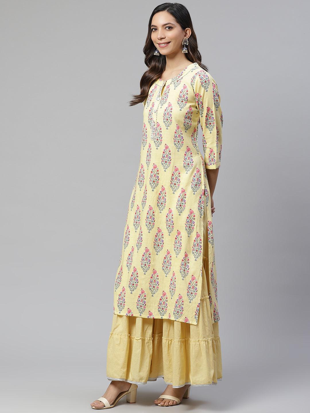 Yellow Rayon Printed Kurti Sharara Set with floral print and matching palazzo pants