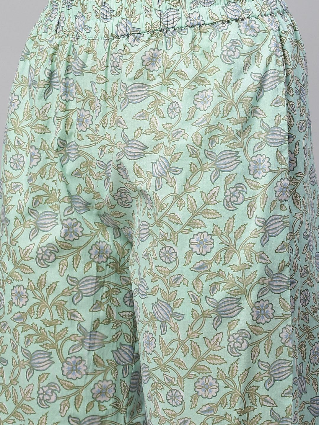 Light green floral print shorts with elastic waistband from Sea Green Cotton Printed Kurti Pant Set