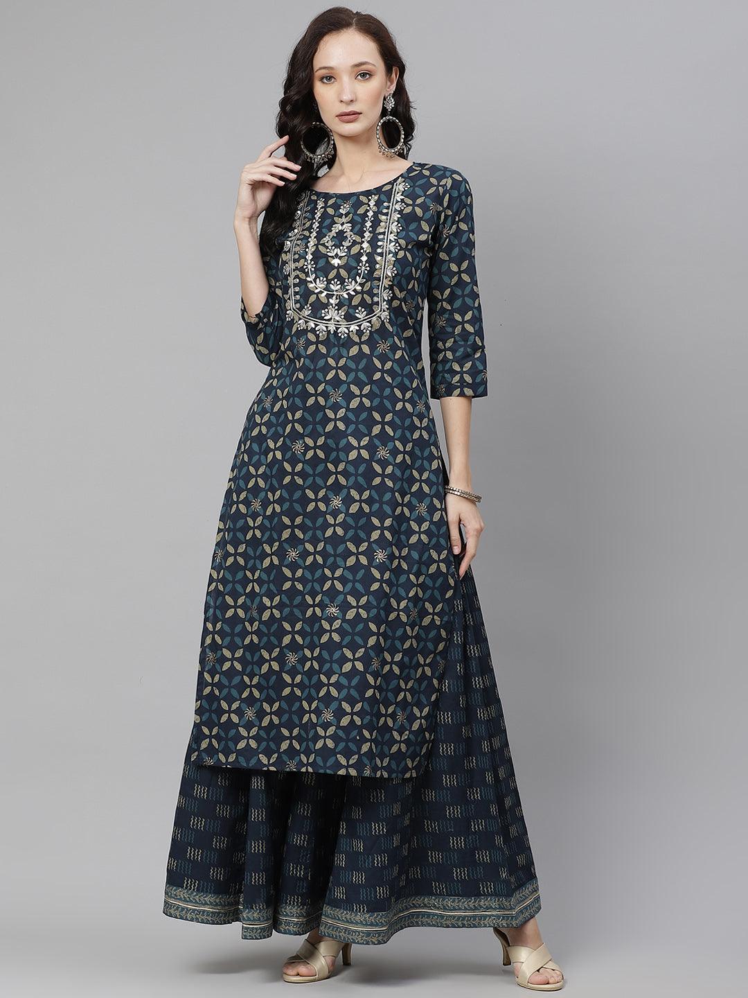 Indigo Blue Kurta Set with Palazzo featuring intricate white embroidery and patterns