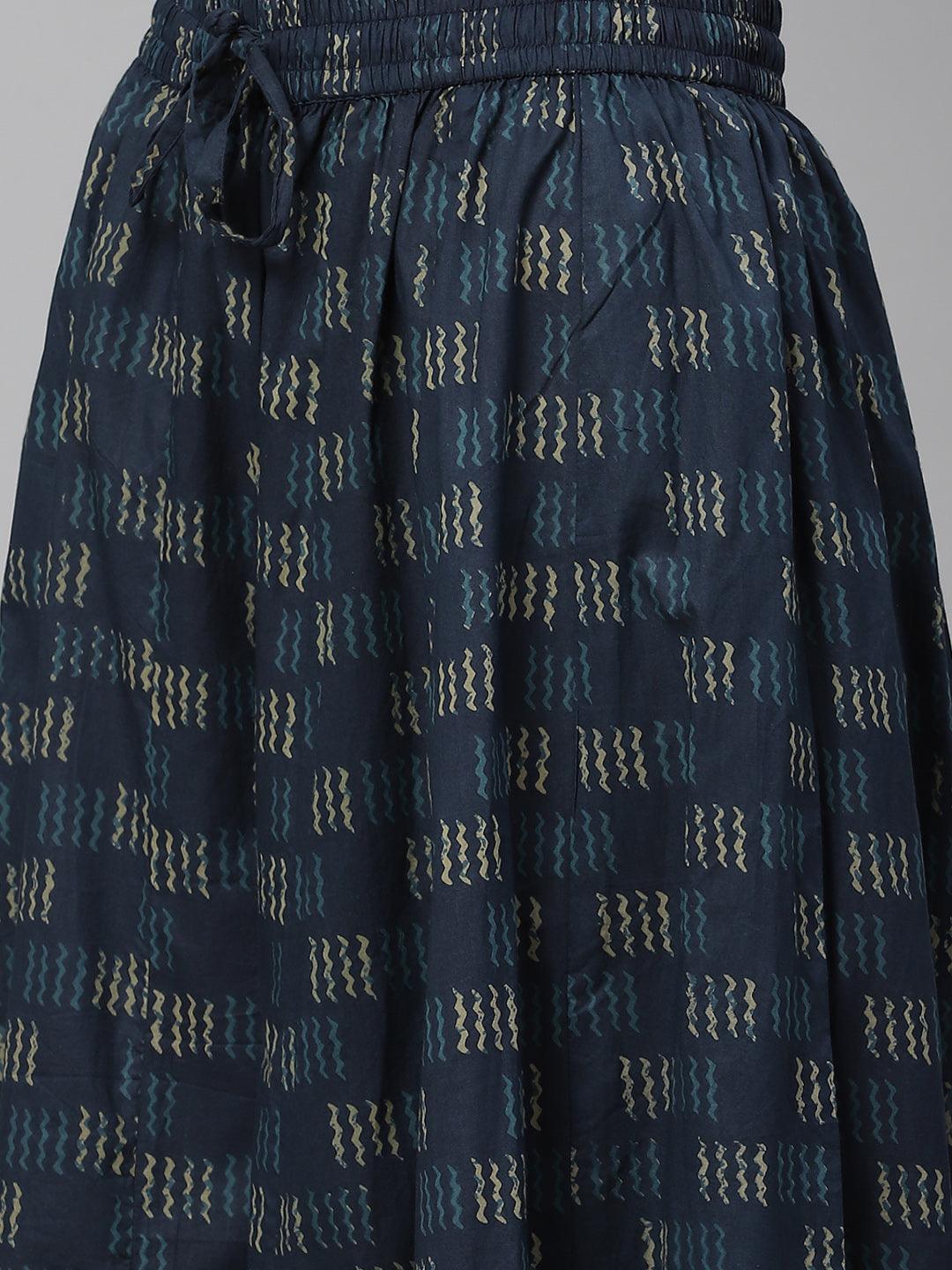 Patterned navy blue skirt with drawstring waist from Indigo Blue Kurta Set