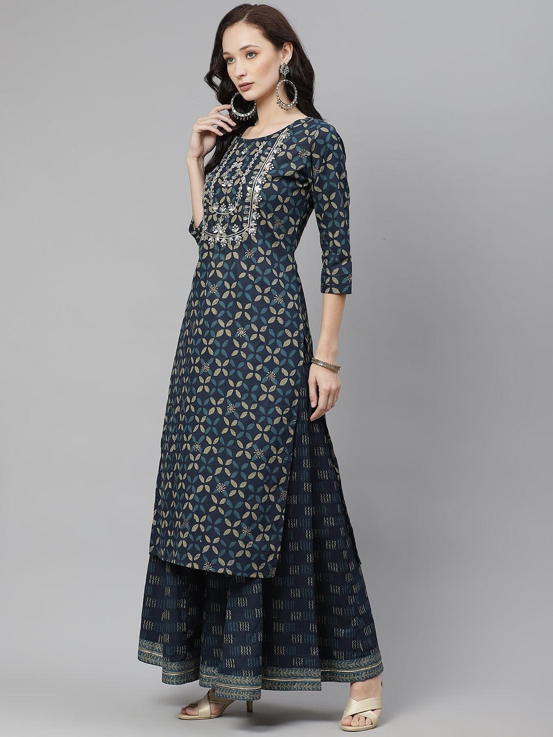 Woman in a stylish Indigo Blue Kurta Set with Palazzo, perfect for any occasion