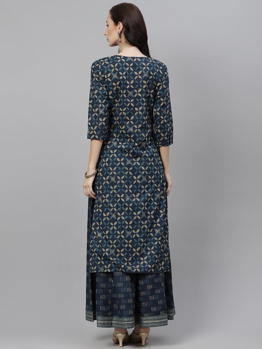 Indigo Blue Kurta Set with Palazzo featuring a dark patterned top and lighter skirt