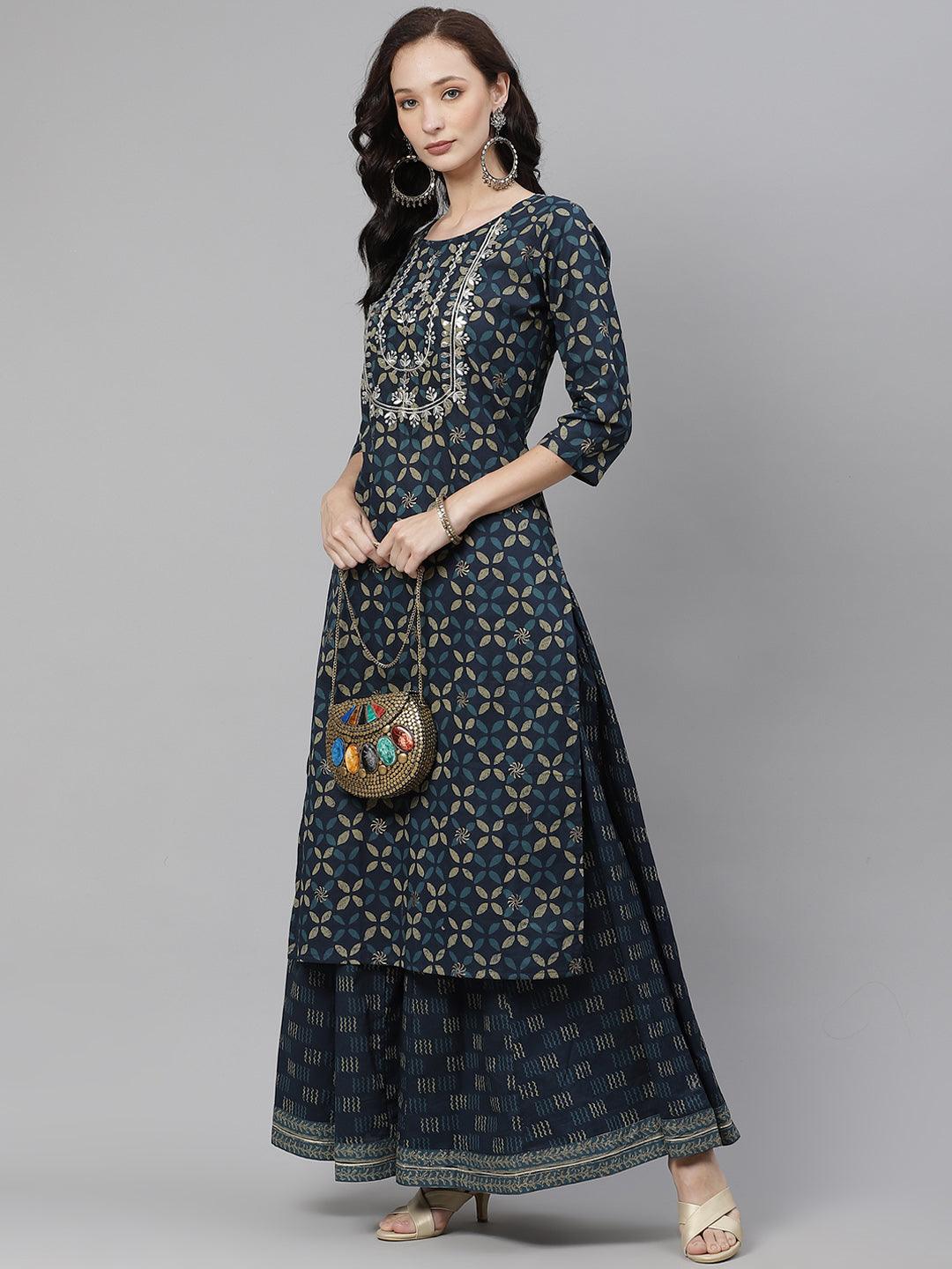 Long patterned Indigo Blue Kurta Set with Palazzo and embroidered details