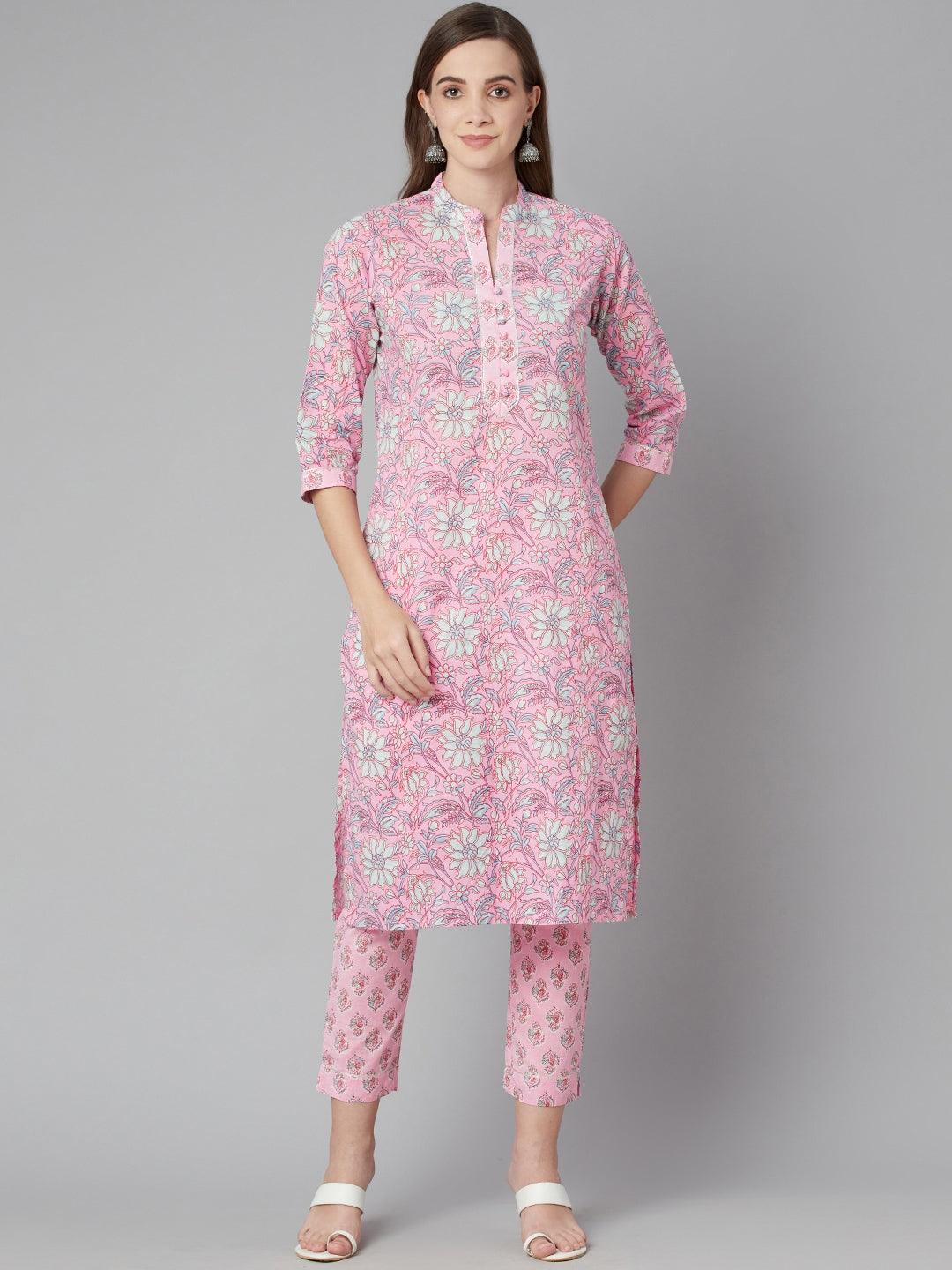 Pink floral printed Cotton Kurta Pant set featuring a beautiful kurta and matching pants