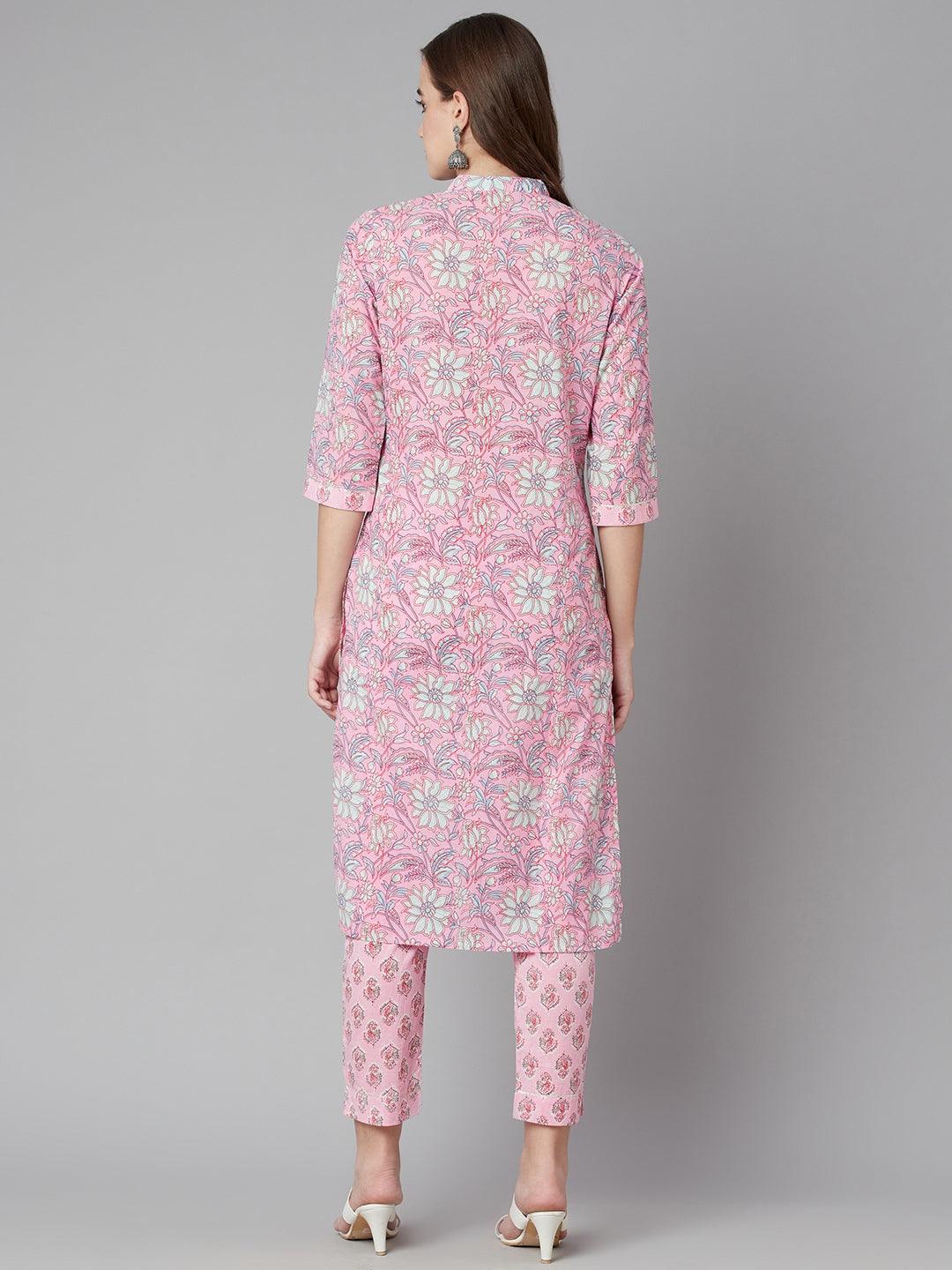 Pink floral printed Cotton Kurta Pant set with three-quarter sleeves and matching pants