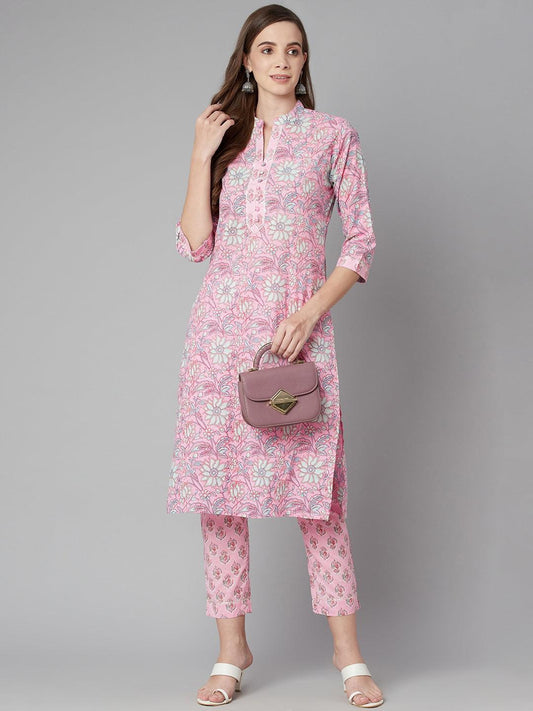 Pink floral printed Cotton Kurta Pant set with matching pants and a stylish purse