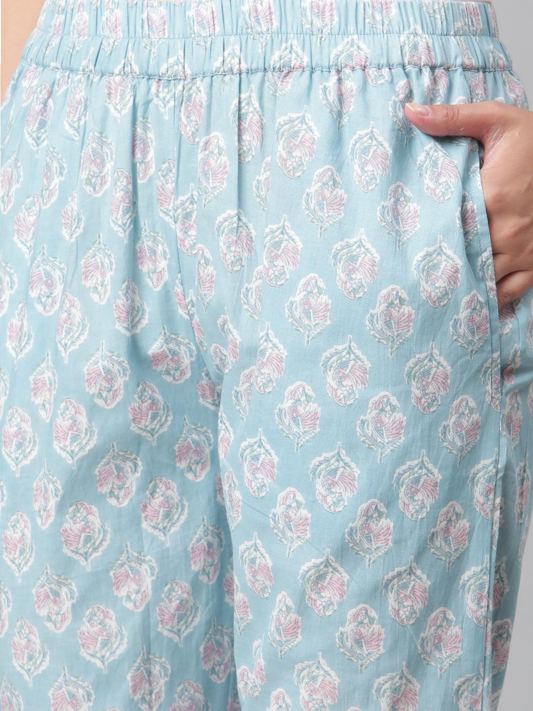 Light blue pajama pants with white floral pattern from Sky Blue Cotton Kurta Pant Set