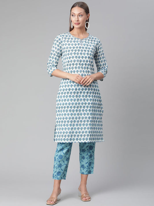 Woman in a blue and white patterned cotton kurta pant set showcasing a white cotton kurta