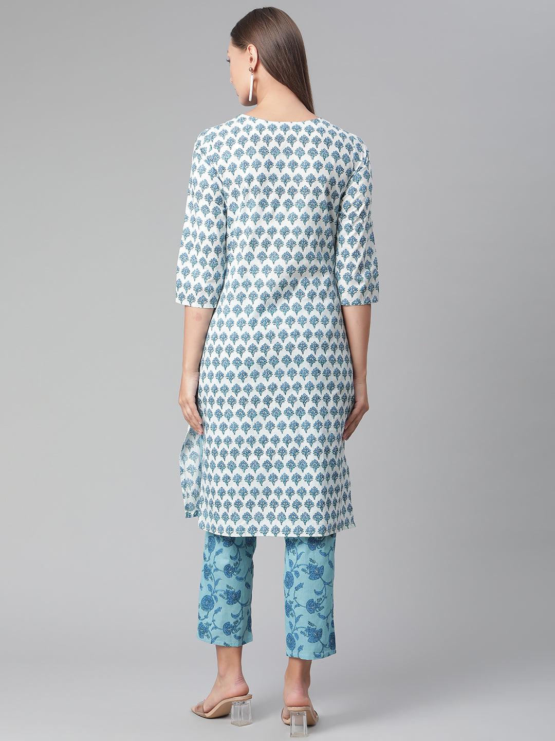 Patterned blue and white cotton kurta pant set showcased on a woman from behind