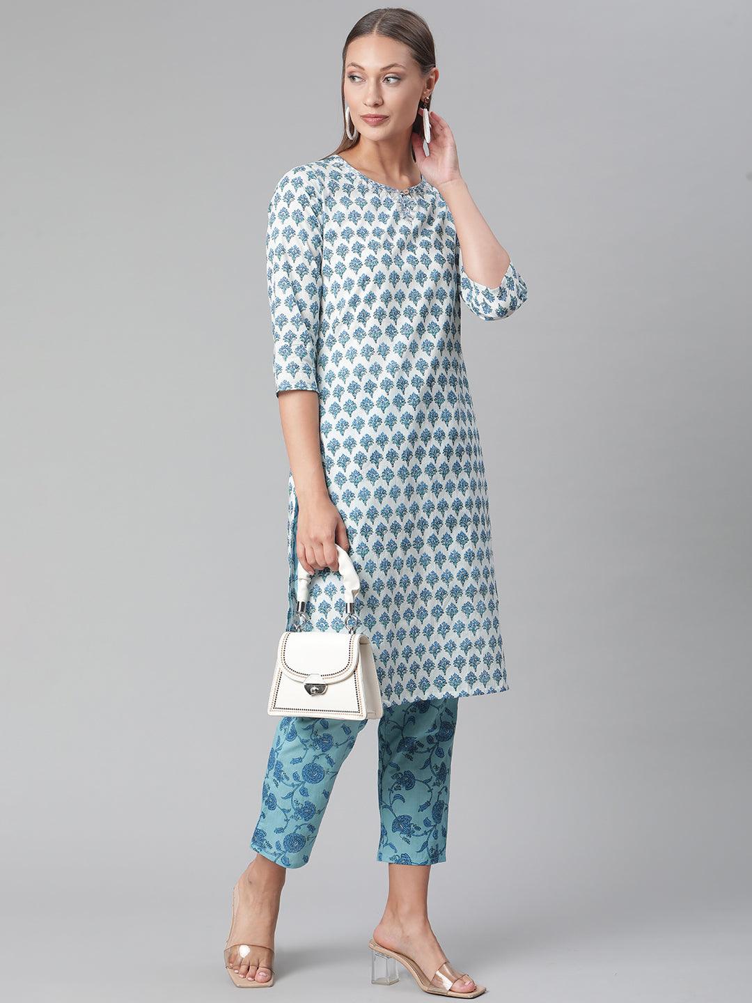 Patterned blue and white cotton kurta pant set with matching pants and accessories