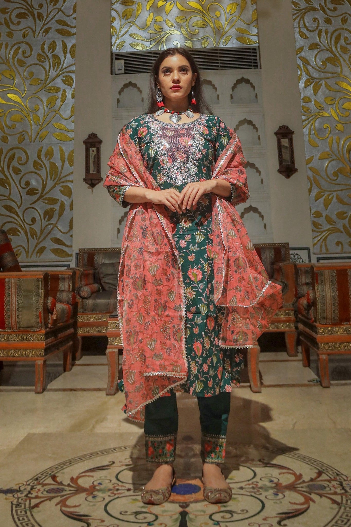 Woman modeling a Green Floral Printed Kurta Pant Set with Dupatta and intricate embroidery