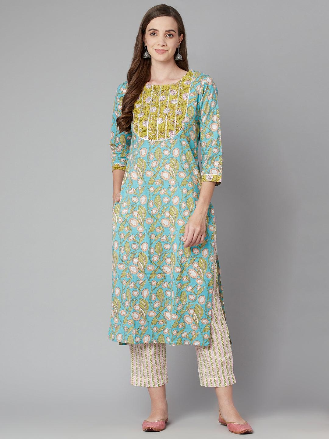 Floral printed cotton kurta pant set in sky blue floral with yellow yoke and sleeves