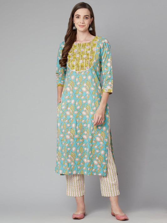 Floral printed cotton kurta pant set in sky blue floral with yellow yoke and sleeves