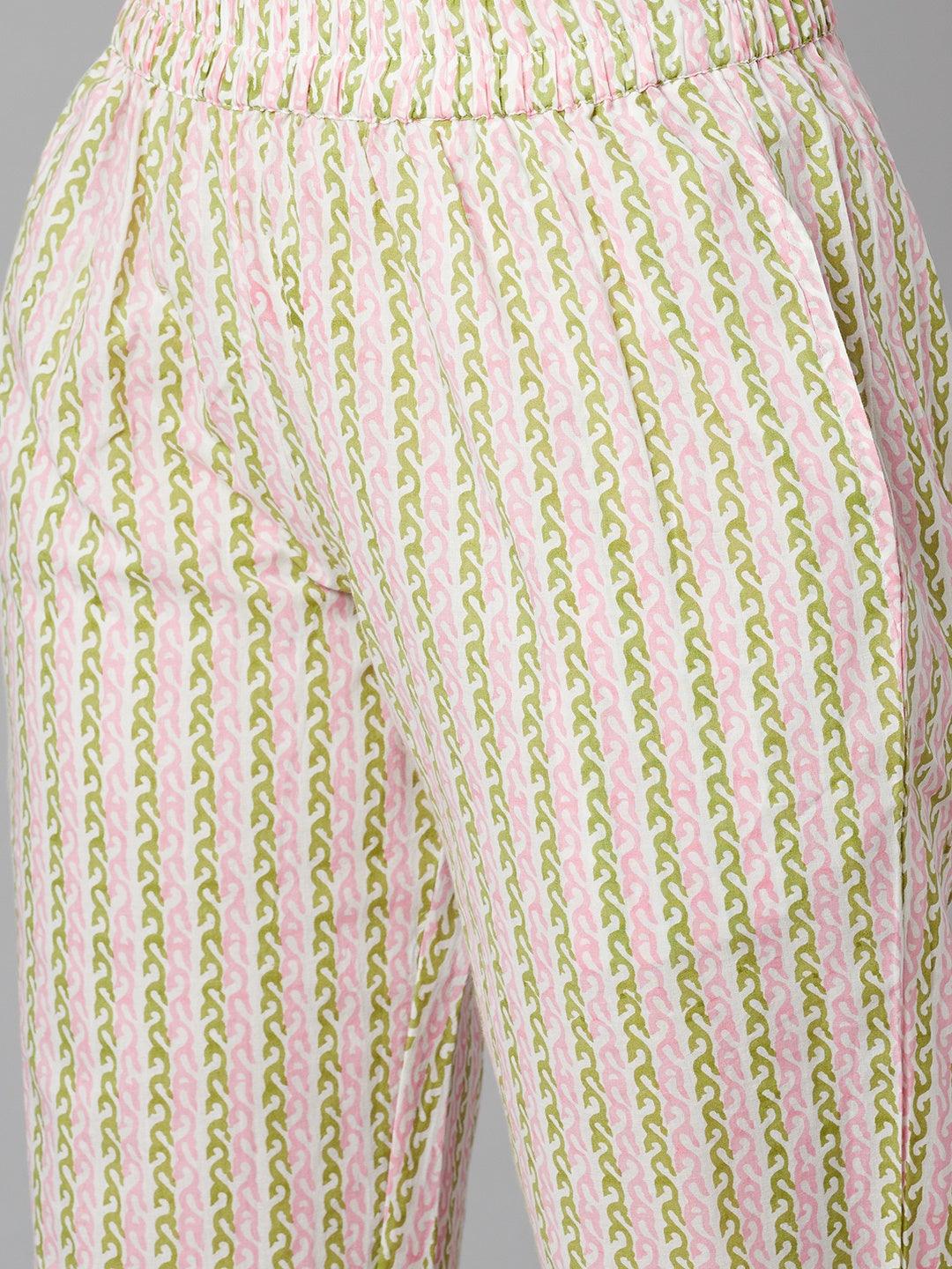 Striped pants with pink and green lines in Sky Blue Floral Printed Cotton Kurta Pant Set