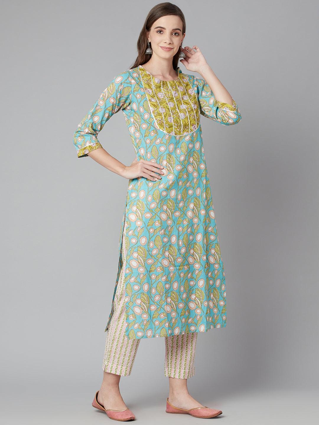 Sky blue floral printed cotton kurta pant set with gold embroidery and matching pants