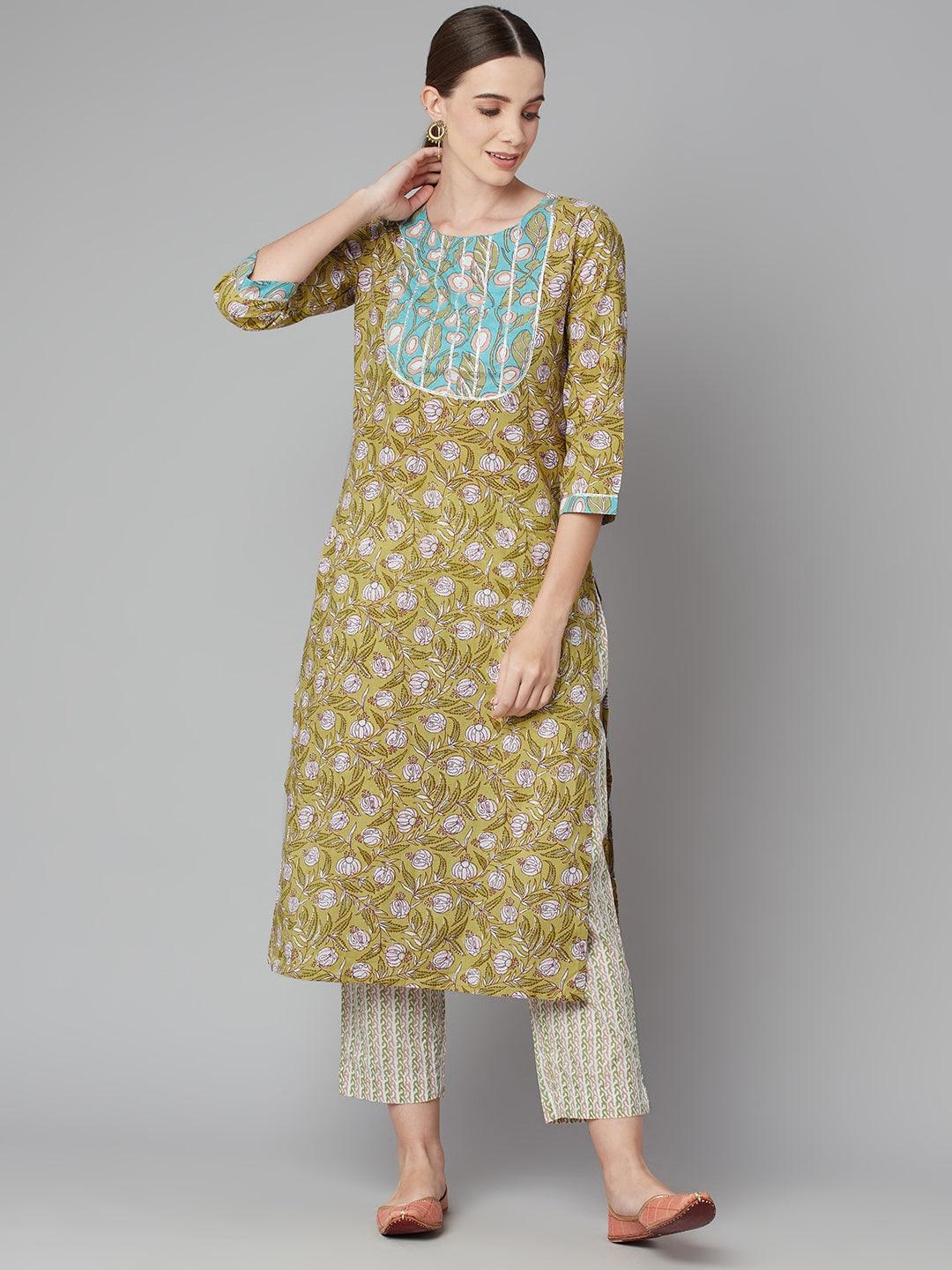 Pastel green floral printed cotton kurta pant set with blue embroidered yoke