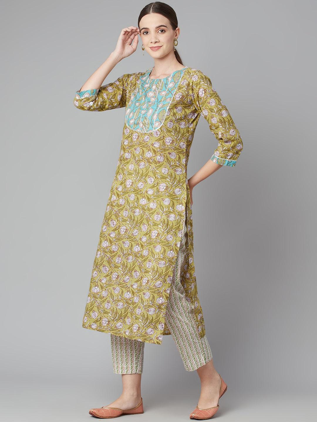 Pastel green floral printed cotton kurta pant set featuring a floral-patterned design