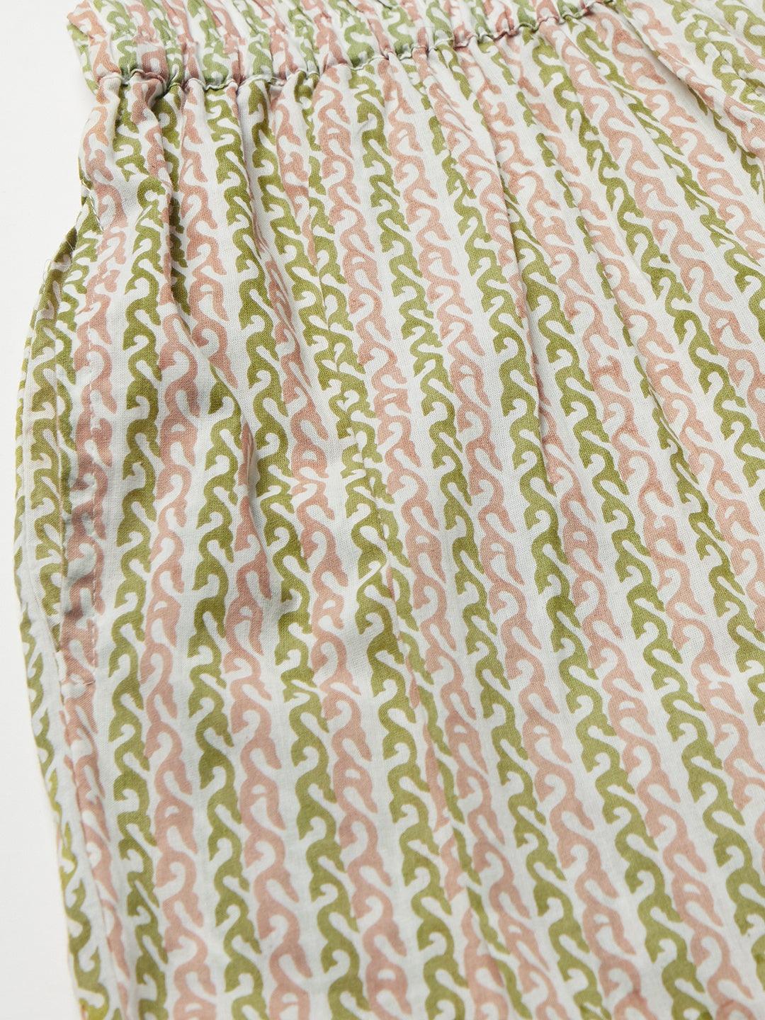 Knitted fabric with wavy green, pink, and cream stripes for Pastel Green Floral Printed Cotton Kurta Pant Set