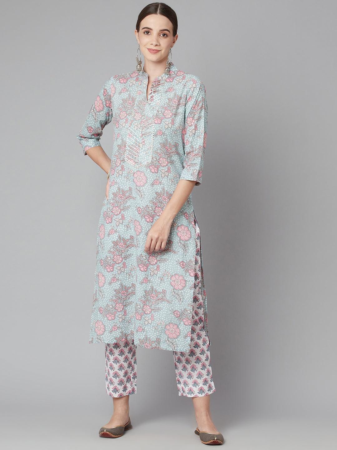 Floral print kurti with three-quarter sleeves in Grey Pastel floral printed kurta pant set