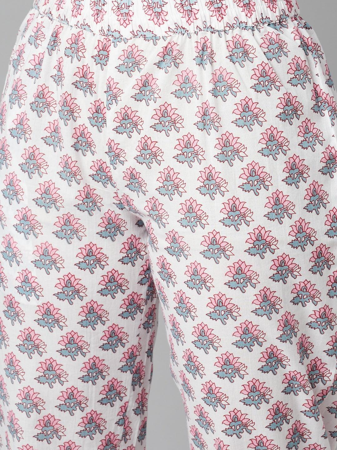 Floral-patterned white pajama pants from Grey Pastel Floral Printed Cotton Kurta Pant Set