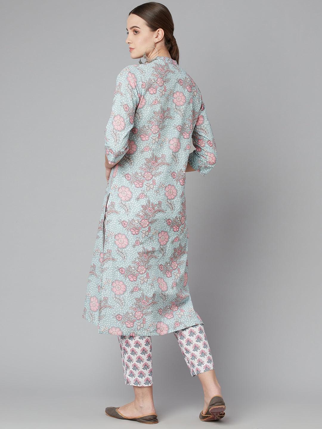 Grey Pastel Floral Printed Cotton Kurta Pant Set with Three-Quarter Sleeves and High Collar