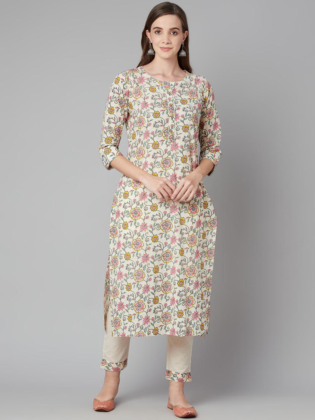 Floral printed cotton kurta pant set with three-quarter sleeves and light-colored pants