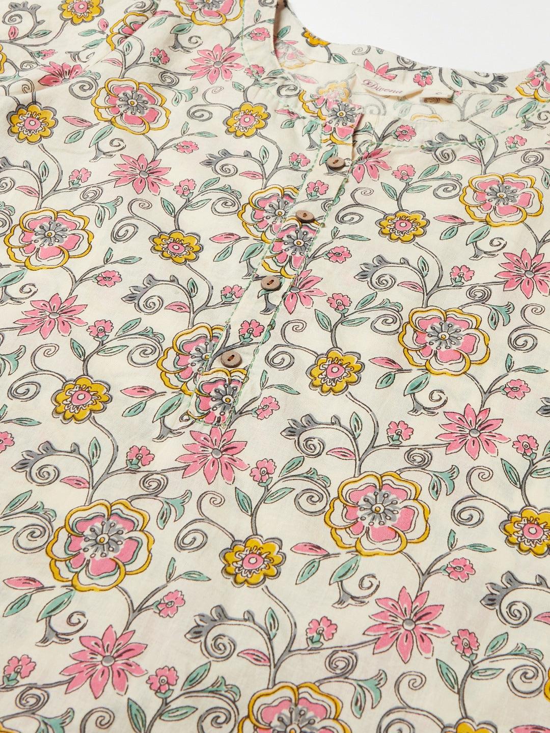 Floral printed cotton fabric with colorful flowers for Cream Floral Printed Cotton Kurta Pant Set